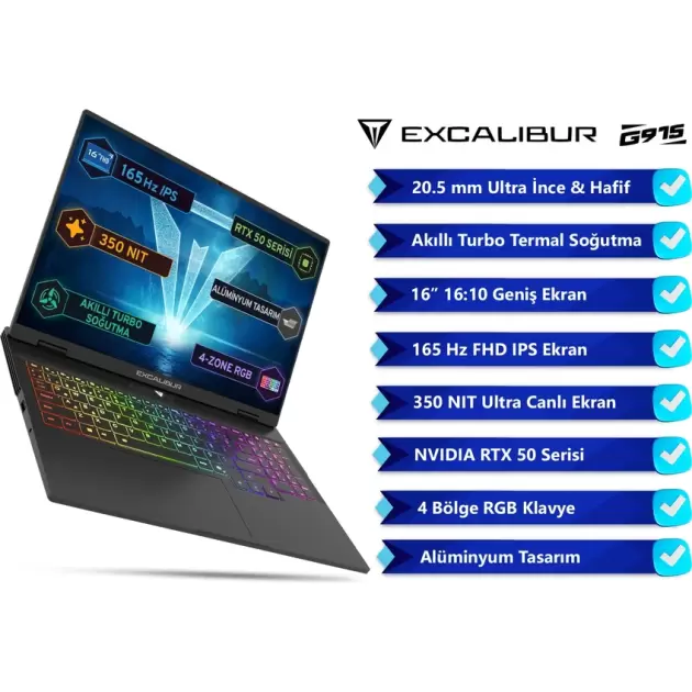 Casper Excalibur G915 Intel Core i7 13620H 32GB 1TB SSD RTX5060 Freedos 16 165Hz Taşınabilir Bilgisayar G915.1362-DF60X-C
