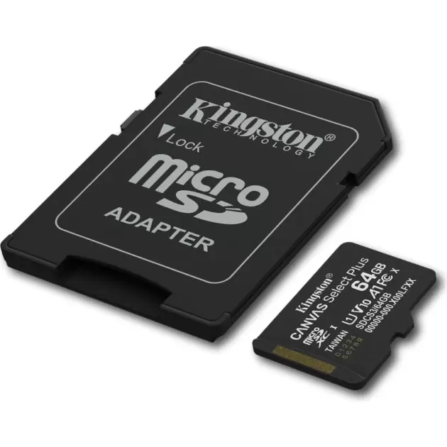 Kingston SDCS364GB 64GB microSDXC Canvas Select Plus Gen3 100MBs A1 Card + Adapter