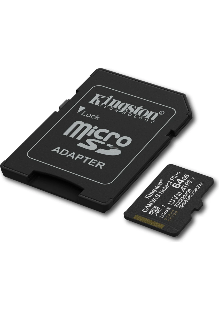 Kingston SDCS364GB 64GB microSDXC Canvas Select Plus Gen3 100MBs A1 Card + Adapter