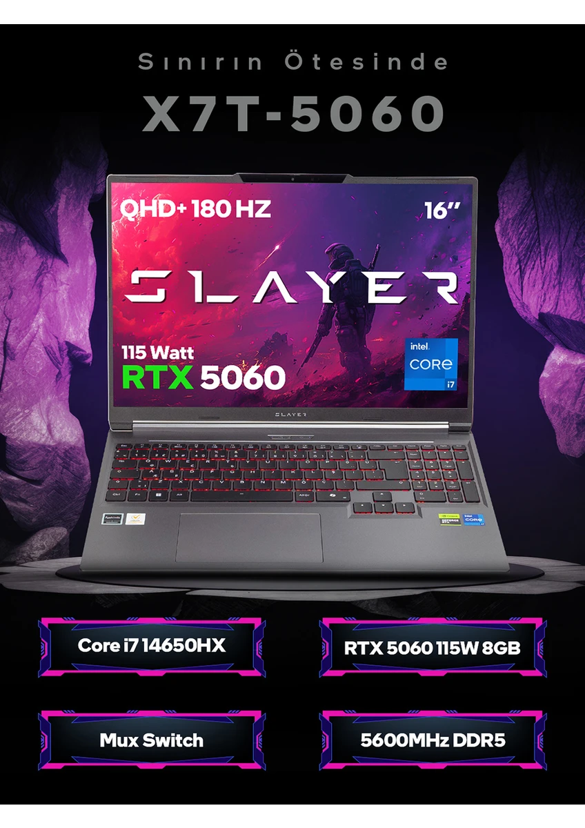 Game Garaj Slayer X7T-5060 C2 Intel Core I7 14650HX 32GB Ram 1tb SSD RTX5060 16 Qhd+ 180Hz IPS Freedos Gaming Laptop