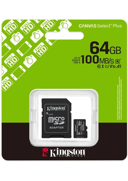 Kingston SDCS364GB 64GB microSDXC Canvas Select Plus Gen3 100MBs A1 Card + Adapter - Görsel 2