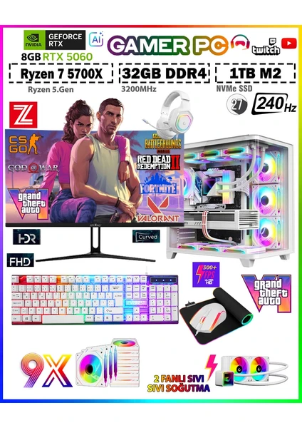 Zeiron Warrior Eagle X55 White Pro Ryzen 7 5700X 32GB 1TB M.2 SSD RTX5060 27 240Hz Sıvı Soğutmalı Premium Oyuncu Bilgisayar