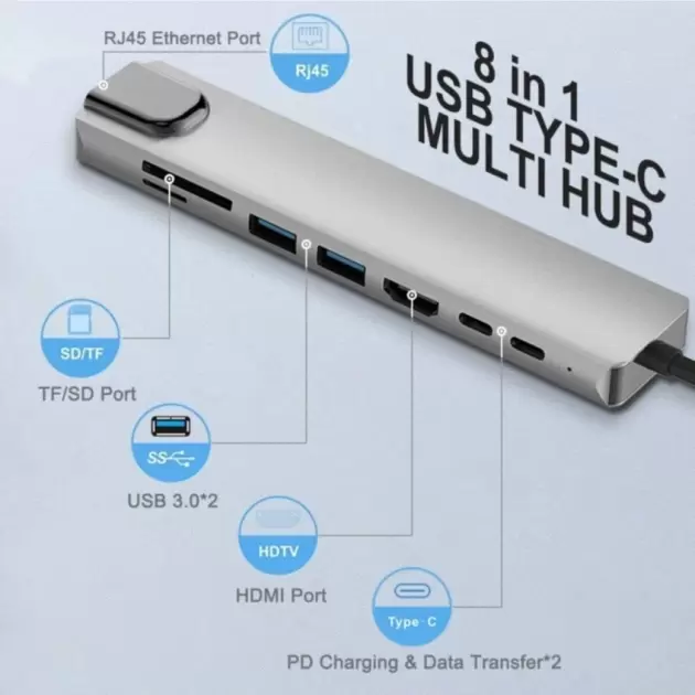 Lux USB Type-C Hub Dönüştürücü Çoklayıcı 8 Girişli Uyumlu Macbook Pro Air için Yüksek Performans
